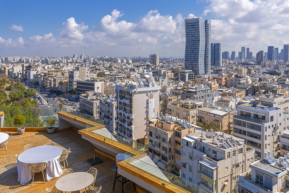 View of city skyline from hotel terrace, Tel Aviv, Israel, Middle East