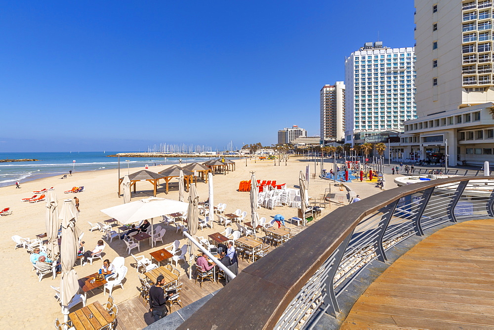 View of Gordon Beach and sea front hotels, Tel Aviv, Israel, Middle East