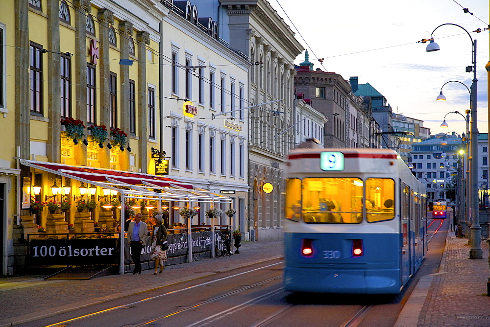 Restaurant and tram on Sodra Hamng, Gothenburg, Sweden, Scandinavia, Europe