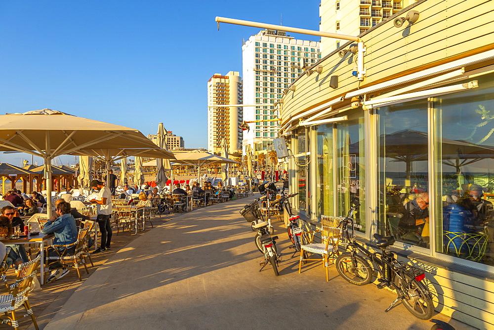 View of cafe restaurants on promenade, Hayarkon Street, Tel Aviv, Israel, Middle East