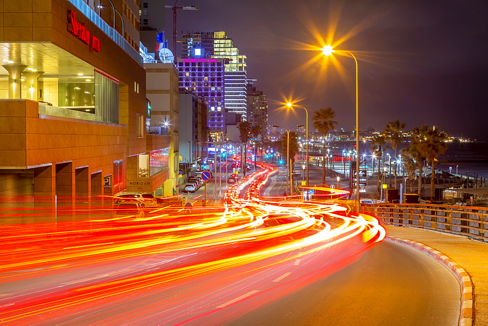 View of traffic and hotels on Hayarkon Street at night, Tel Aviv, Israel, Middle East