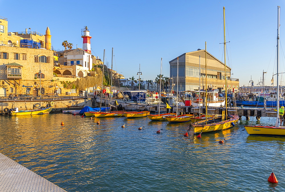 View of Jaffa Old Town harbour at sunset, Tel Aviv, Israel, Middle East