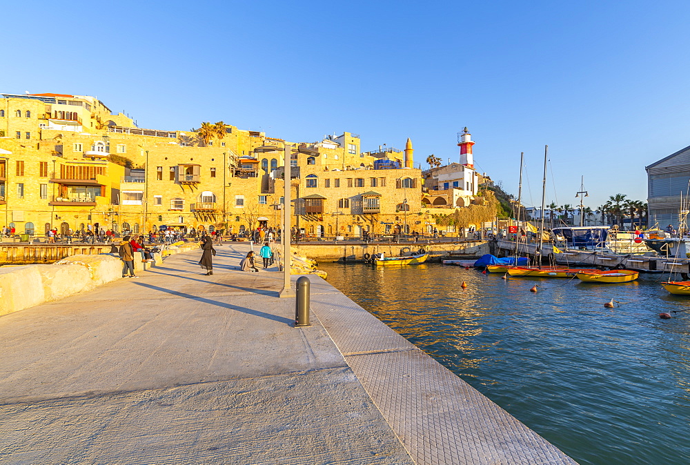 View of Jaffa Old Town harbour at sunset, Tel Aviv, Israel, Middle East