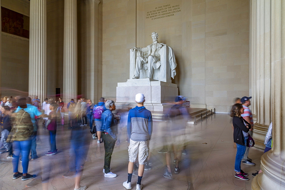 View of visitors around the statue of Abraham Lincoln, Lincoln Memorial, Washington, D.C., United States of America, North America