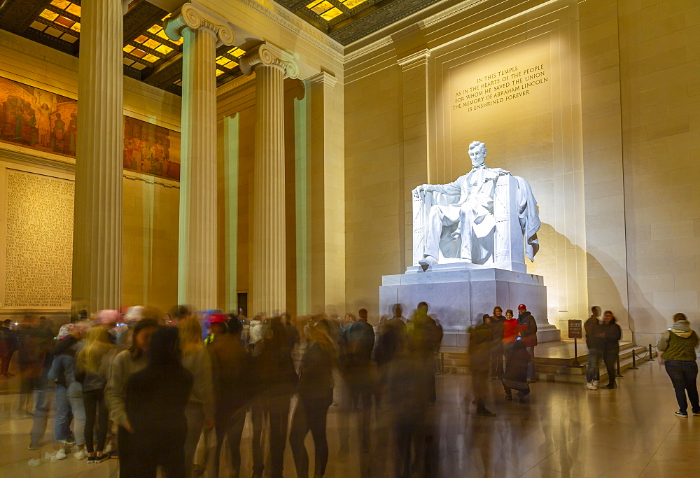 View of Lincoln statue in the Lincoln Memorial at night, Washington D.C., United States of America, North America