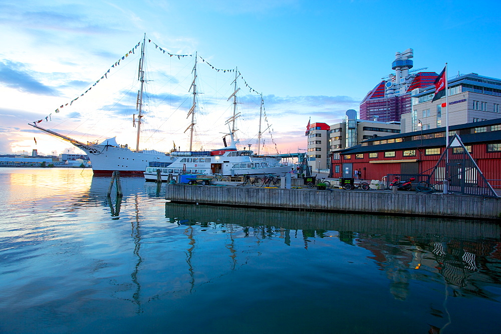 School Ship in Harbour at dusk, Gothenburg, Sweden, Scandinavia, Europe