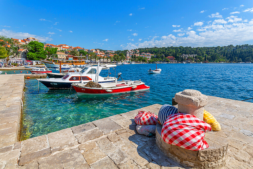 View of harbour boats and Cavtat on the Adriatic Sea, Cavtat, Dubrovnik Riviera, Croatia, Europe