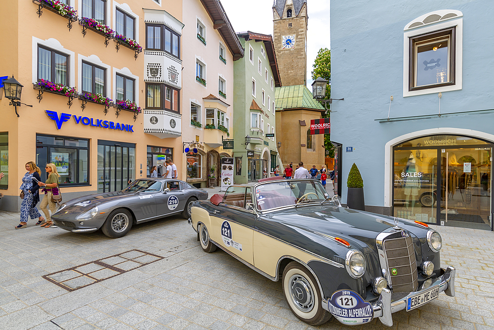 View of vintage car rally Vorderstadt, Kitzbuhel, Austrian Tyrol Region, Austria, Europe