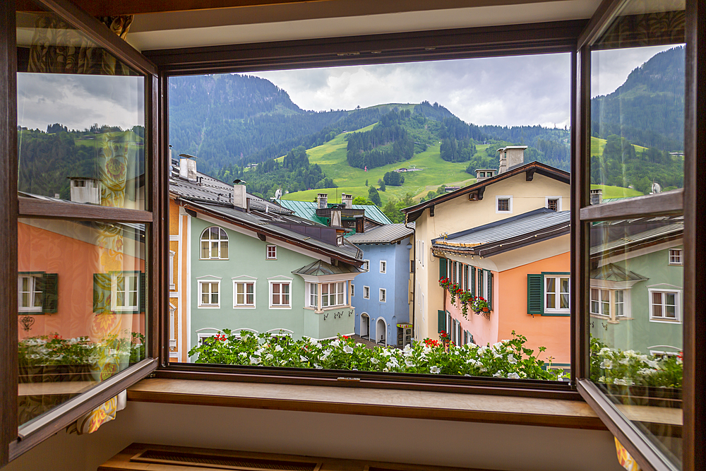 View of colourful architecture from window of Vordarstadt, Kitzbuhel, Austrian Tyrol, Austria, Europe