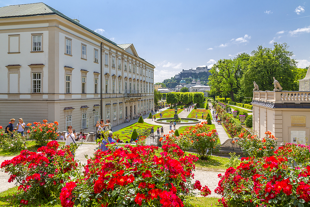 View of Hohensalzburg Castle from Mirabell Gardens, UNESCO World Heritage Site, Salzburg, Austria, Europe