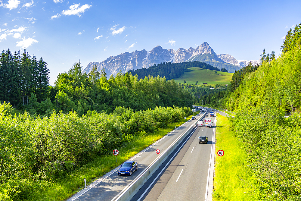 View of Fritzerkogel and autobahn near Nischofshofen, Upper Austria region of the Alps, Salzburg, Austria, Europe