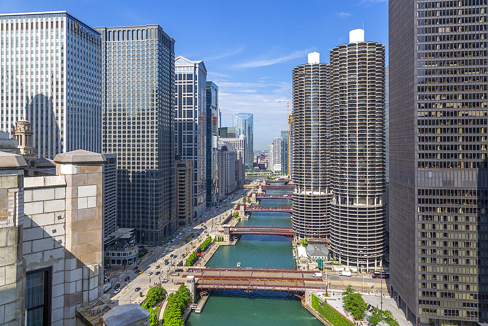 View of Chicago River from rooftop terrace, Downtown Chicago, Illinois, United States of America, North America