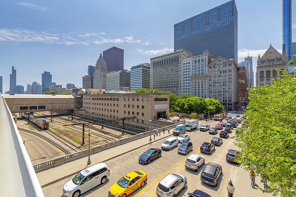 View of city skyscrapers and railway, Downtown Chicago, Illinois, United States of America, North America