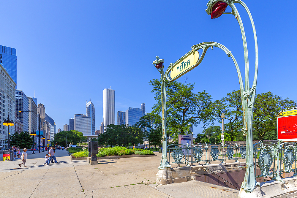 View of Paris style Metro entrance, Downtown Chicago, Illinois, United States of America, North America