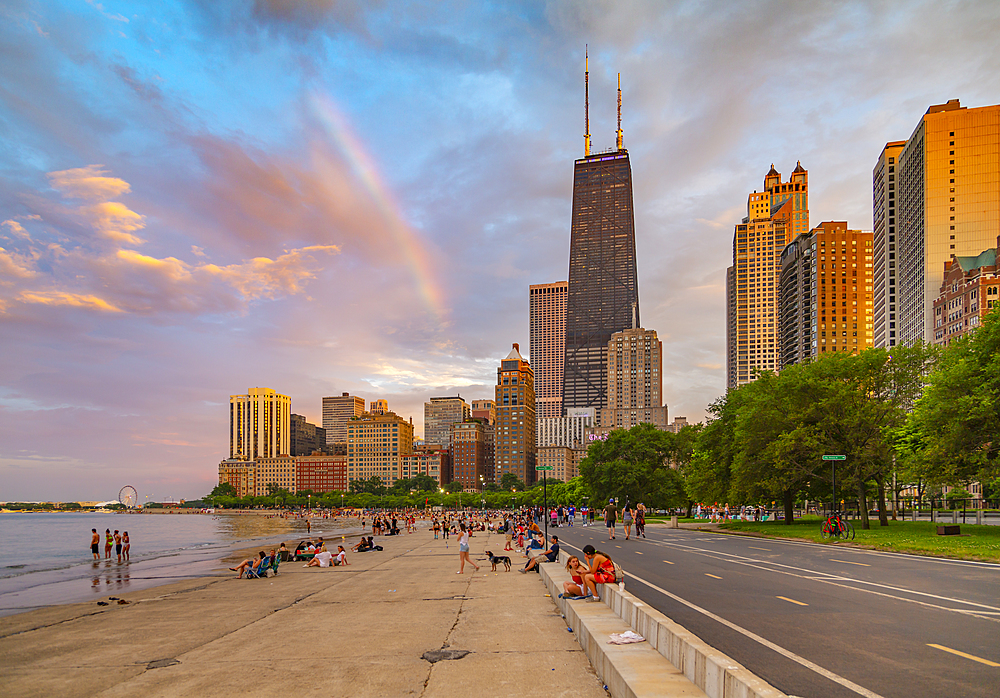 View of Chicago skyline and rainbow from North Shore, Chicago, Illinois, United States of America, North America