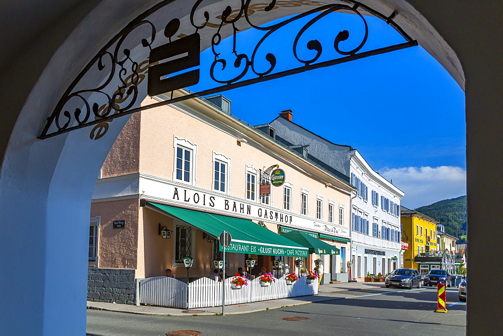 View of colourful bars and shops in Radstadt, Styria, Austria, Europe