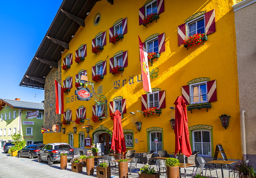 View of colourful traditional hotel on main street in Radstadt, Styria, Austria, Europe