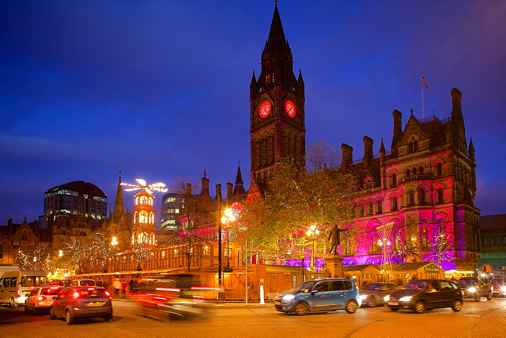 Christmas Market and Town Hall, Albert Square, Manchester, England, United Kingdom, Europe