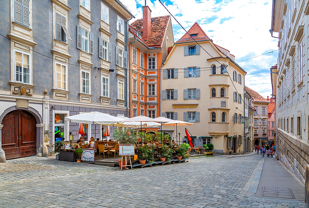 View of colourful architecture and cafes, Graz, Styria, Austria. Europe