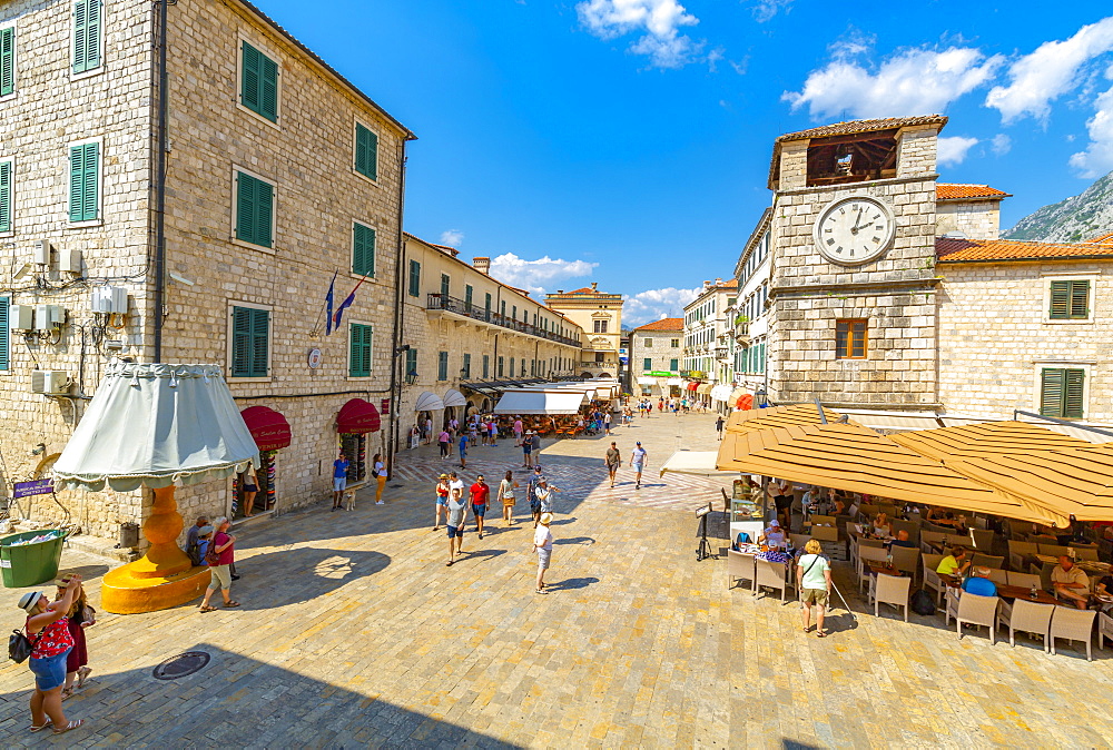 View of Old Town Clock Tower in the Old Town of Kotor, UNESCO World Heritage Site, Kotor, Montenegro, Europe