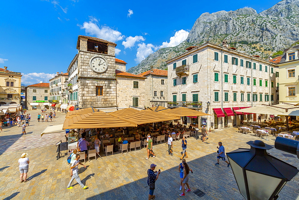 View of Old Town Clock Tower in the Old Town of Kotor, UNESCO World Heritage Site, Kotor, Montenegro, Europe