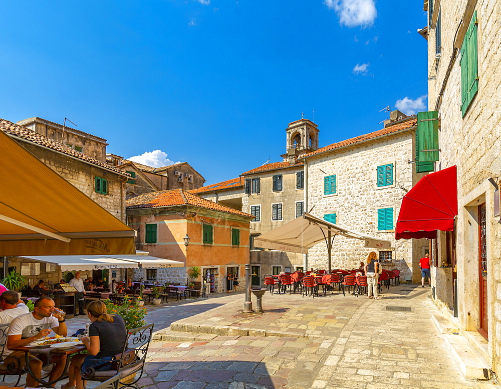 View of cafes in the Old Town, UNESCO World Heritage Site, Kotor, Montenegro, Europe