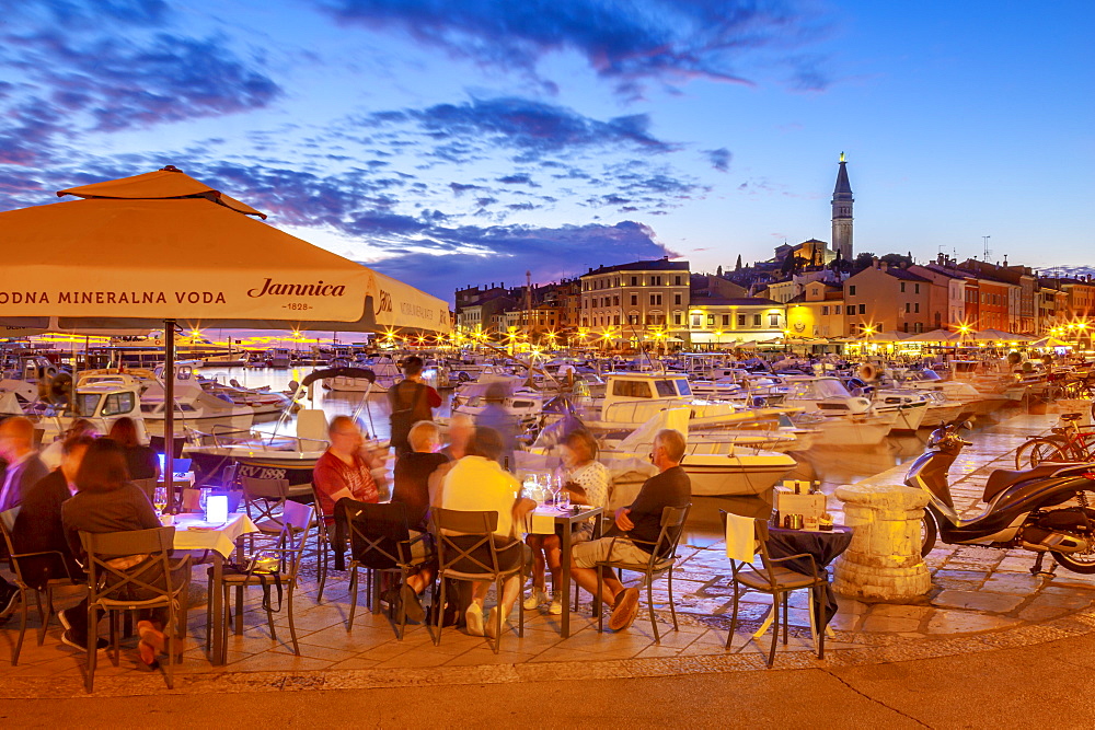 View of harbour and the old town with the Cathedral of St. Euphemia at dusk, Rovinj, Istria, Croatia, Adriatic, Europe