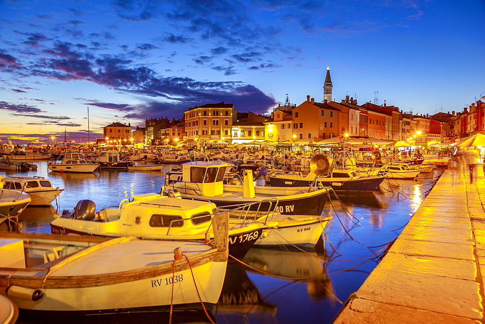 View of harbour and the old town with the Cathedral of St. Euphemia at dusk, Rovinj, Istria, Croatia, Adriatic, Europe