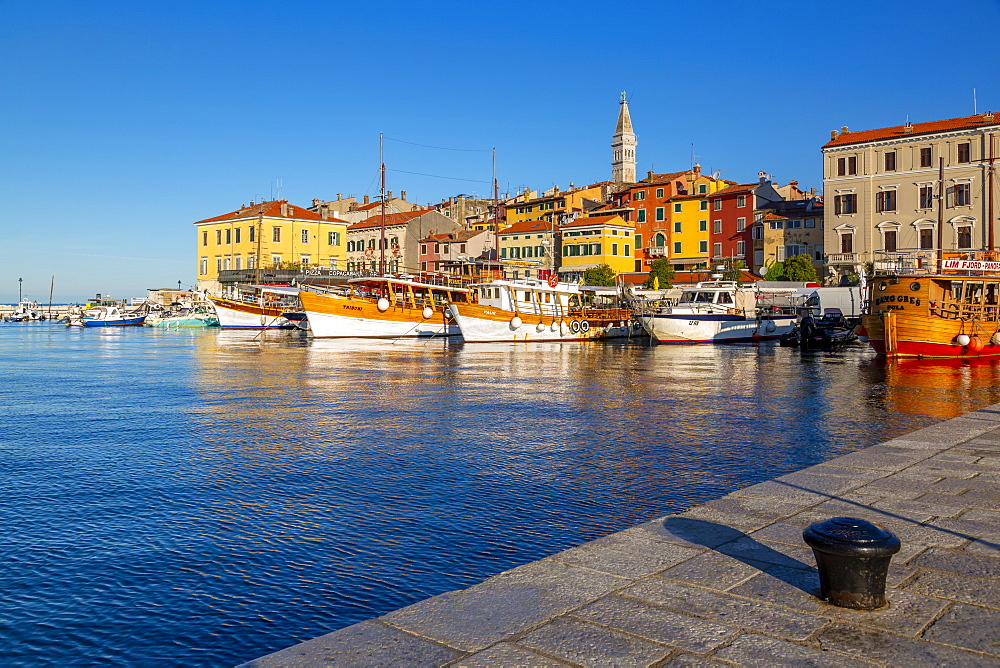 View of harbour and the old town with the Cathedral of St. Euphemia, Rovinj, Istria, Croatia, Adriatic, Europe