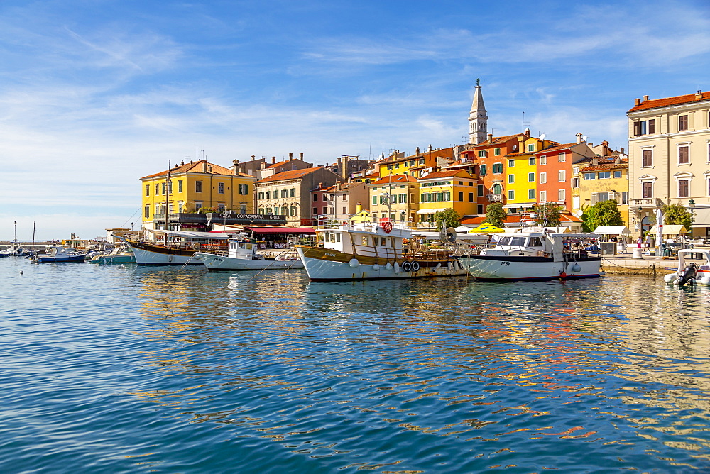 View of harbour and the old town with the Cathedral of St. Euphemia, Rovinj, Istria, Croatia, Adriatic, Europe