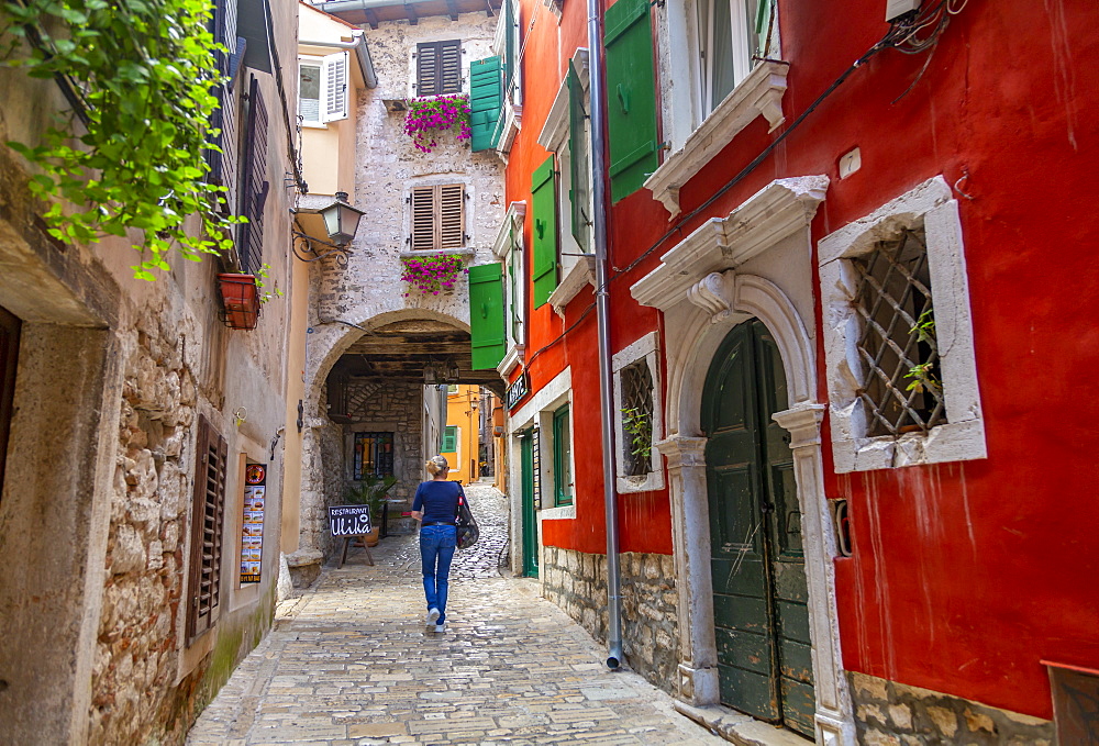 View of cobbled street in the Old Town of Rovinj, Croatian Adriatic Sea, Istria, Croatia, Europe