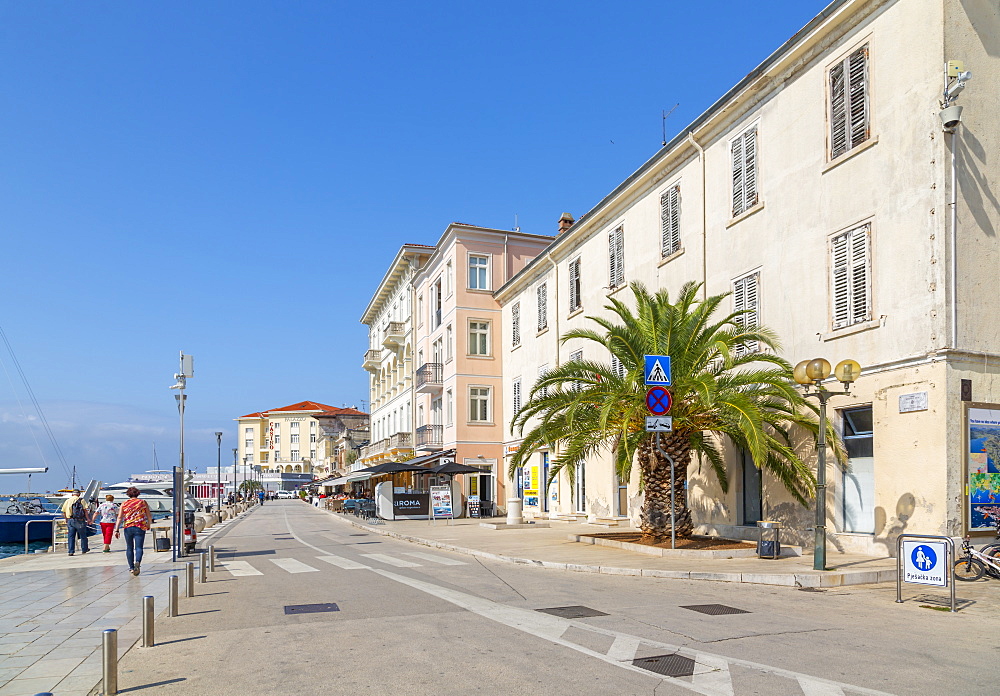 View of cafe restaurant Old Town of Porec and Adriatic Sea, Porec, Istria, Region, Croatia, Europe