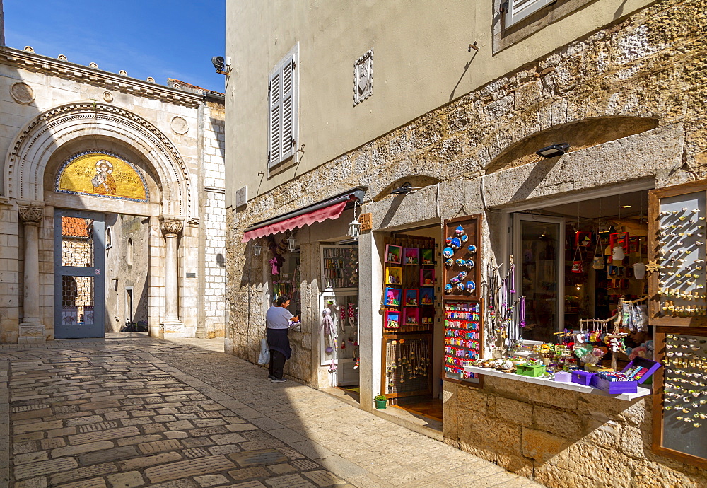 View of entrance to Euphrasian Basilica, old town, Porec, Istria, Croatia, Europe