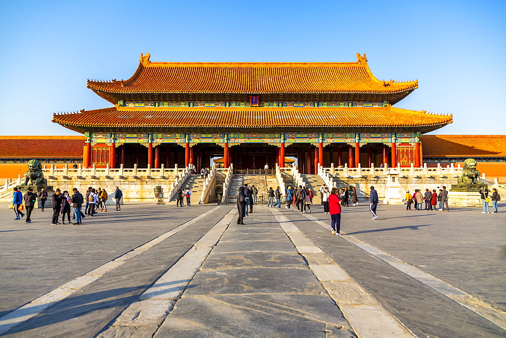 View inside the Forbidden City at sunset, UNESCO World Heritage Site, Xicheng, Beijing, People's Republic of China, Asia