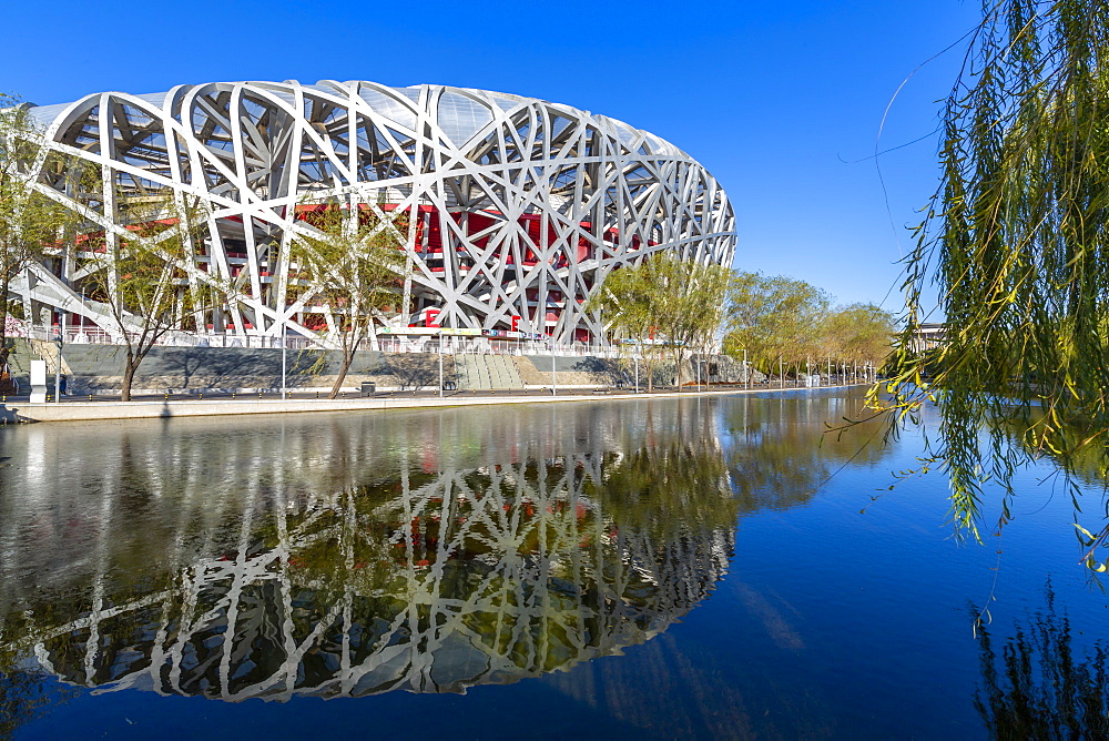 View of the National Stadium (Bird's Nest), Olympic Green, Xicheng, Beijing, People's Republic of China, Asia