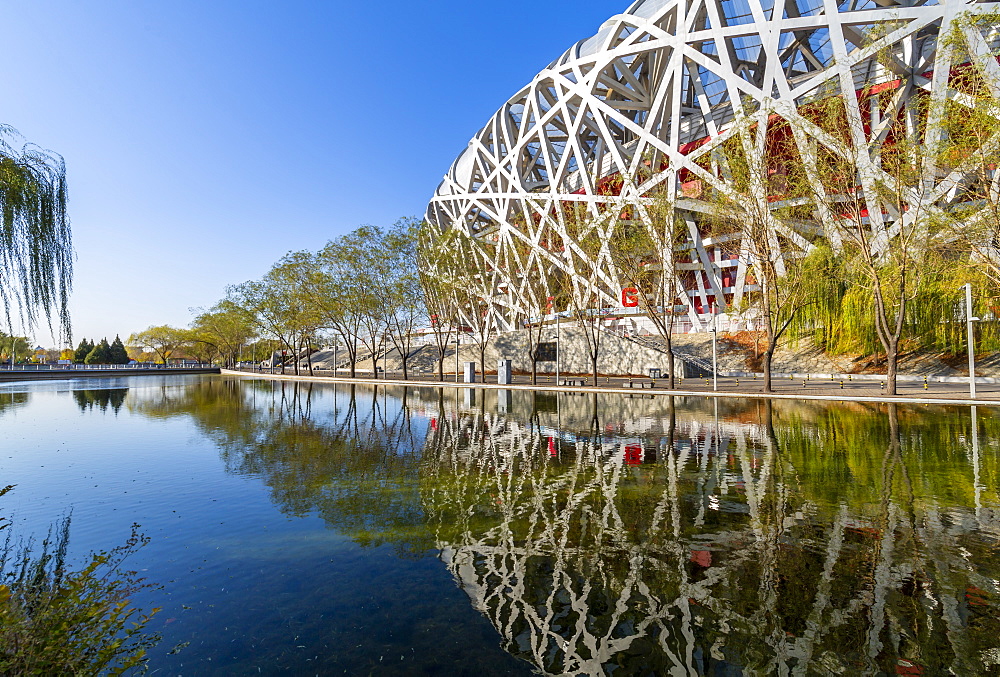 View of the National Stadium (Bird's Nest), Olympic Green, Xicheng, Beijing, People's Republic of China, Asia