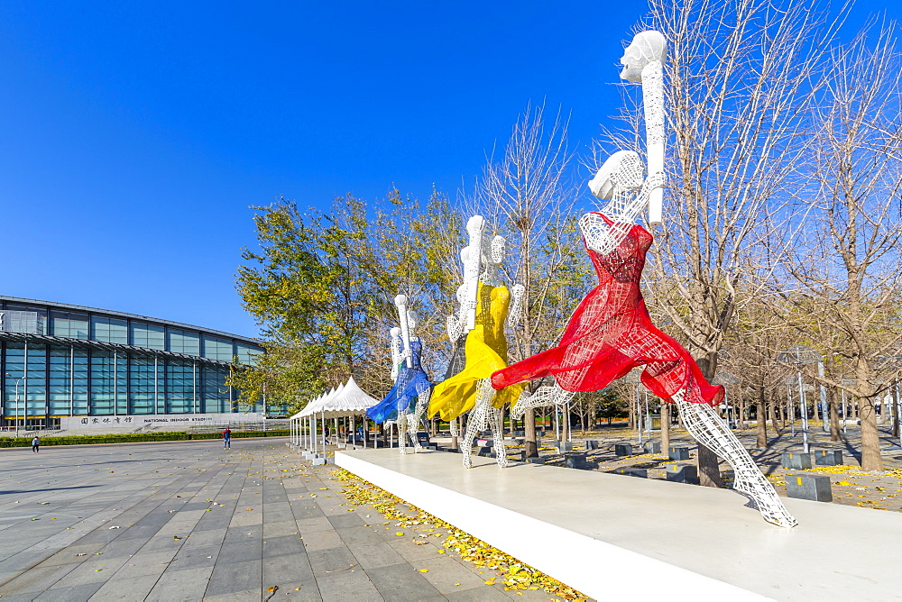 View of modern art and the National Indoor Stadium, Olympic Green, Xicheng, Beijing, People's Republic of China, Asia