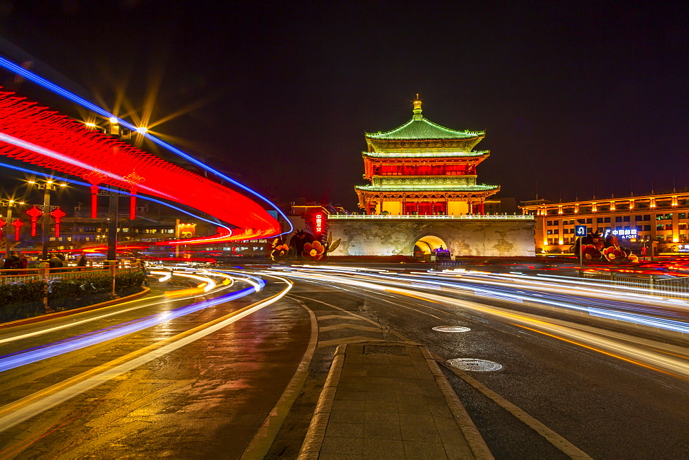 View of famous Bell Tower in Xi'an city centre at night, Xi'an, Shaanxi Province, People's Republic of China, Asia