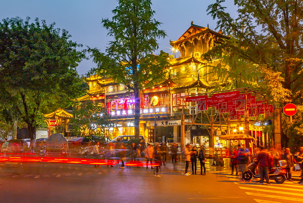 Street lights on Kuanxiangzi Alley at night in Chengdu, Sichuan Province, People's Republic of China, Asia