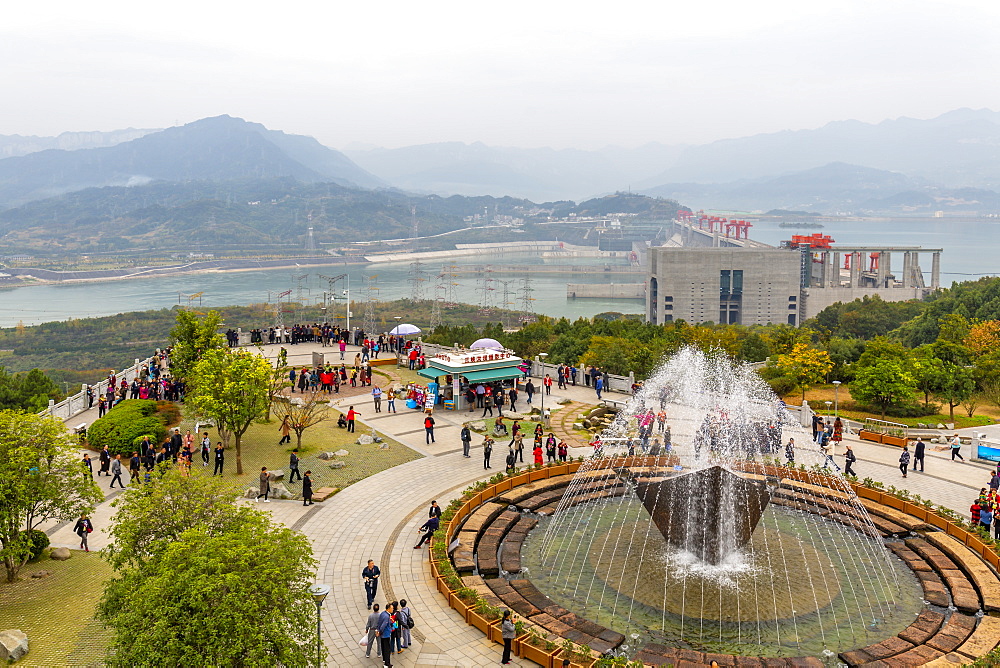 View of The Three Gorges Dam and visitors centre at Sandouping, Sandouping, Hubei, China, Asia