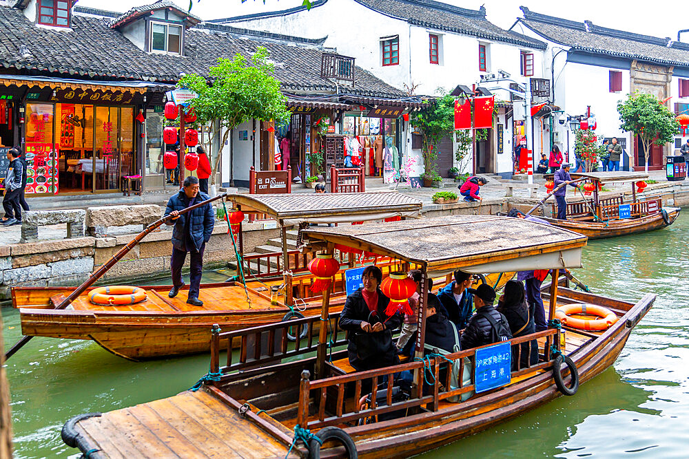 View of boats on waterway in Zhujiajiaozhen water town, Qingpu District, Shanghai, China, Asia