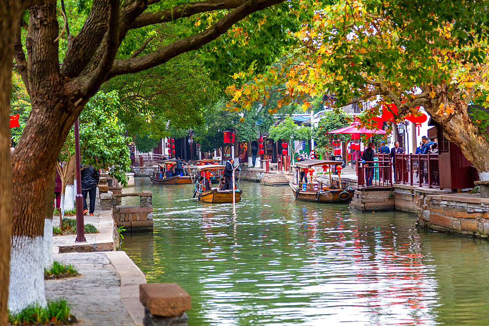 View of boats on waterway in Zhujiajiaozhen water town, Qingpu District, Shanghai, China, Asia