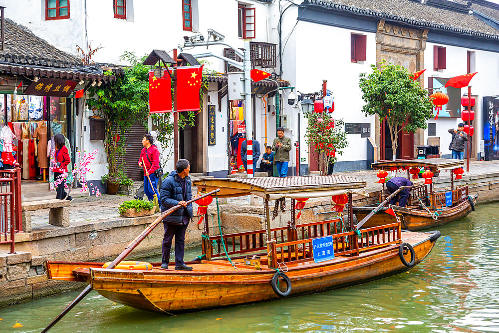 View of boats on waterway in Zhujiajiaozhen water town, Qingpu District, Shanghai, China, Asia