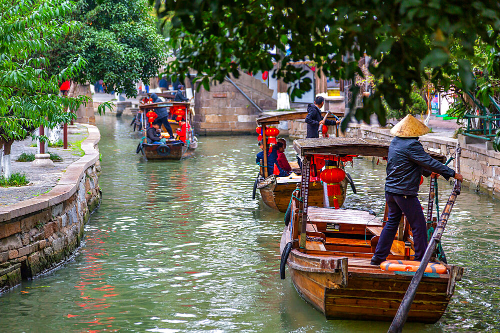 View of boats on waterway in Zhujiajiaozhen water town, Qingpu District, Shanghai, China, Asia