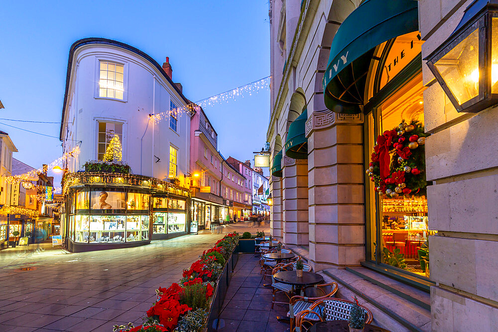 View of shops on London Street at Christmas, Norwich, Norfolk, East Anglia, England, United Kingdom, Europe