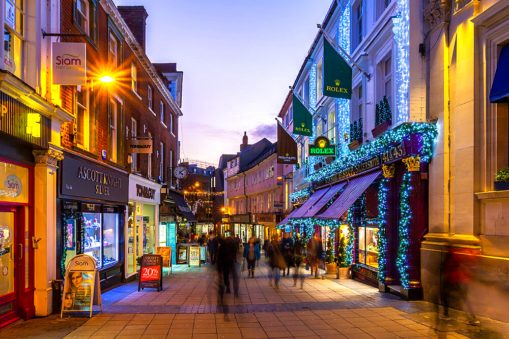 View of shops on Bedford Street at Christmas, Norwich, Norfolk, East Anglia, England, United Kingdom, Europe