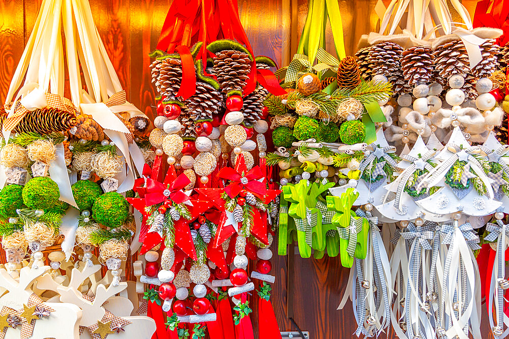 Christmas decorations on Christmas Market in Marienplatz, Munich, Bavaria, Germany, Europe