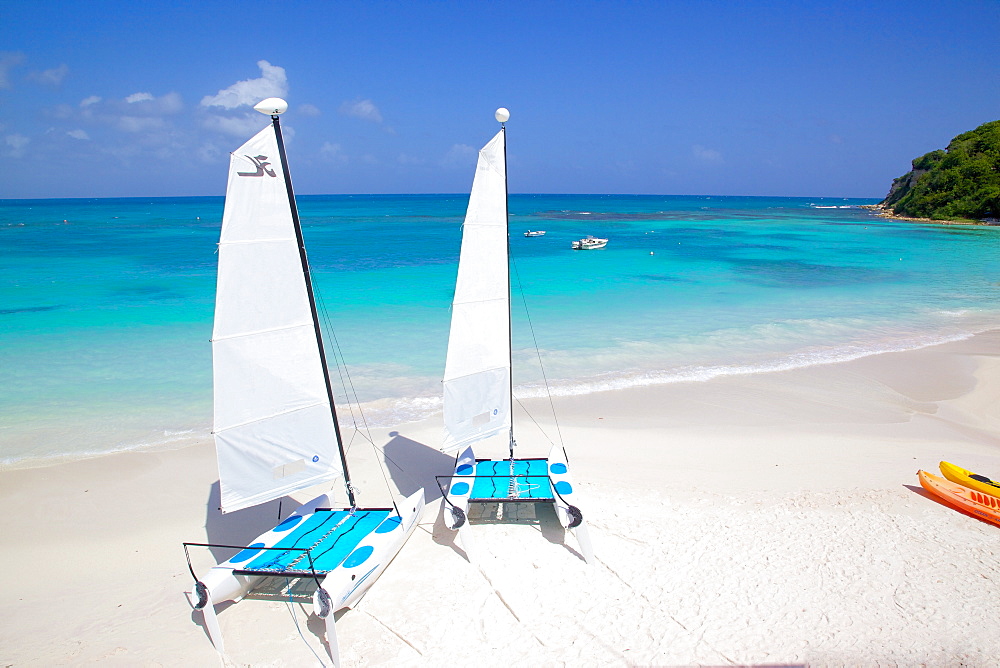 Beach and Hobie cats, Long Bay, Antigua, Leeward Islands, West Indies, Caribbean, Central America