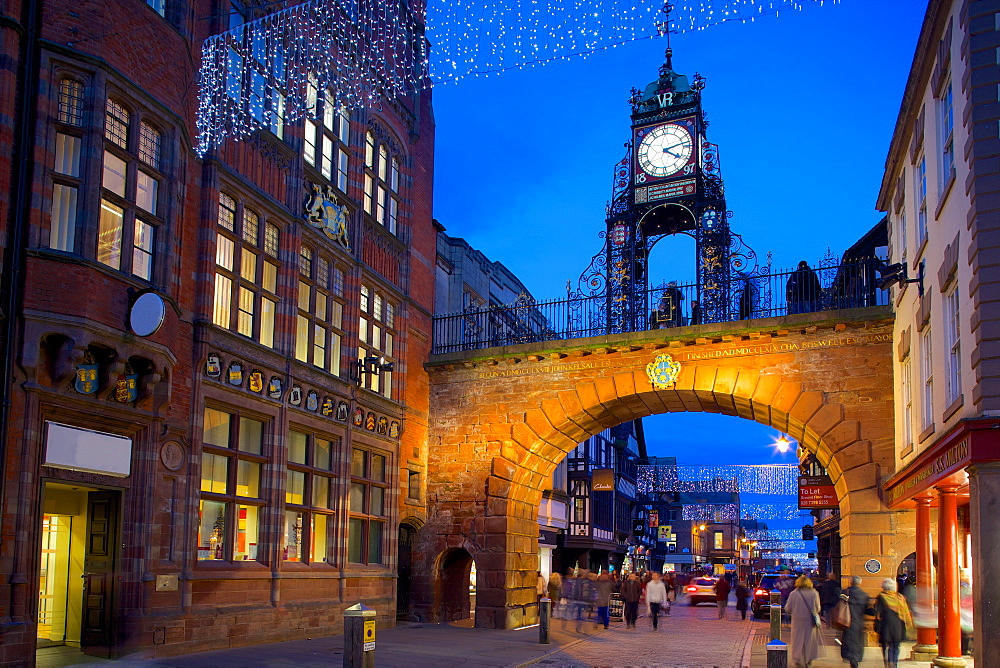 East Gate Clock at Christmas, Chester, Cheshire, England, United Kingdom, Europe