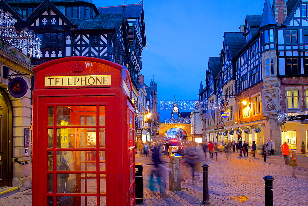 East Gate and telephone box at Christmas, Chester, Cheshire, England, United Kingdom, Europe